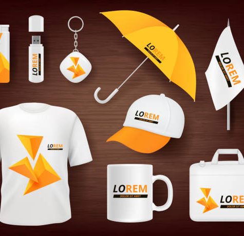 Identity. Business corporate souvenir promotion stationery items uniform badges packages pen lighter cap vector realistic mockup. Illustration of cup and t-shirt, mug and pencil, accessory items